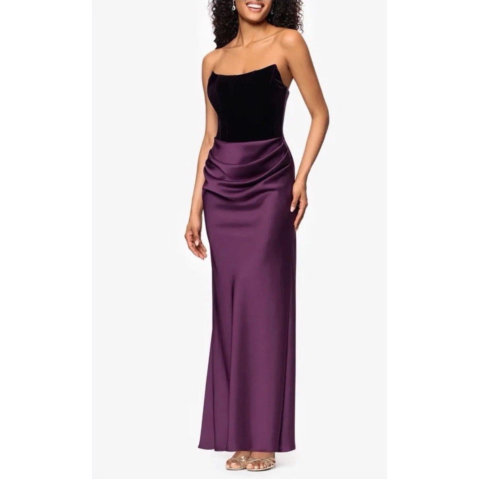 Betsy & Adam Women's Velvet Strapless Satin Drape Floor Length Dress Sz 14 Nwt